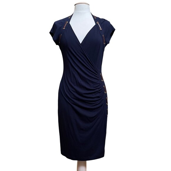 Carmen Navy Blue Faux Wrap Dress‎ Stretch Side V Neck Shirred Grommet Lacing Lg - Picture 2 of 9